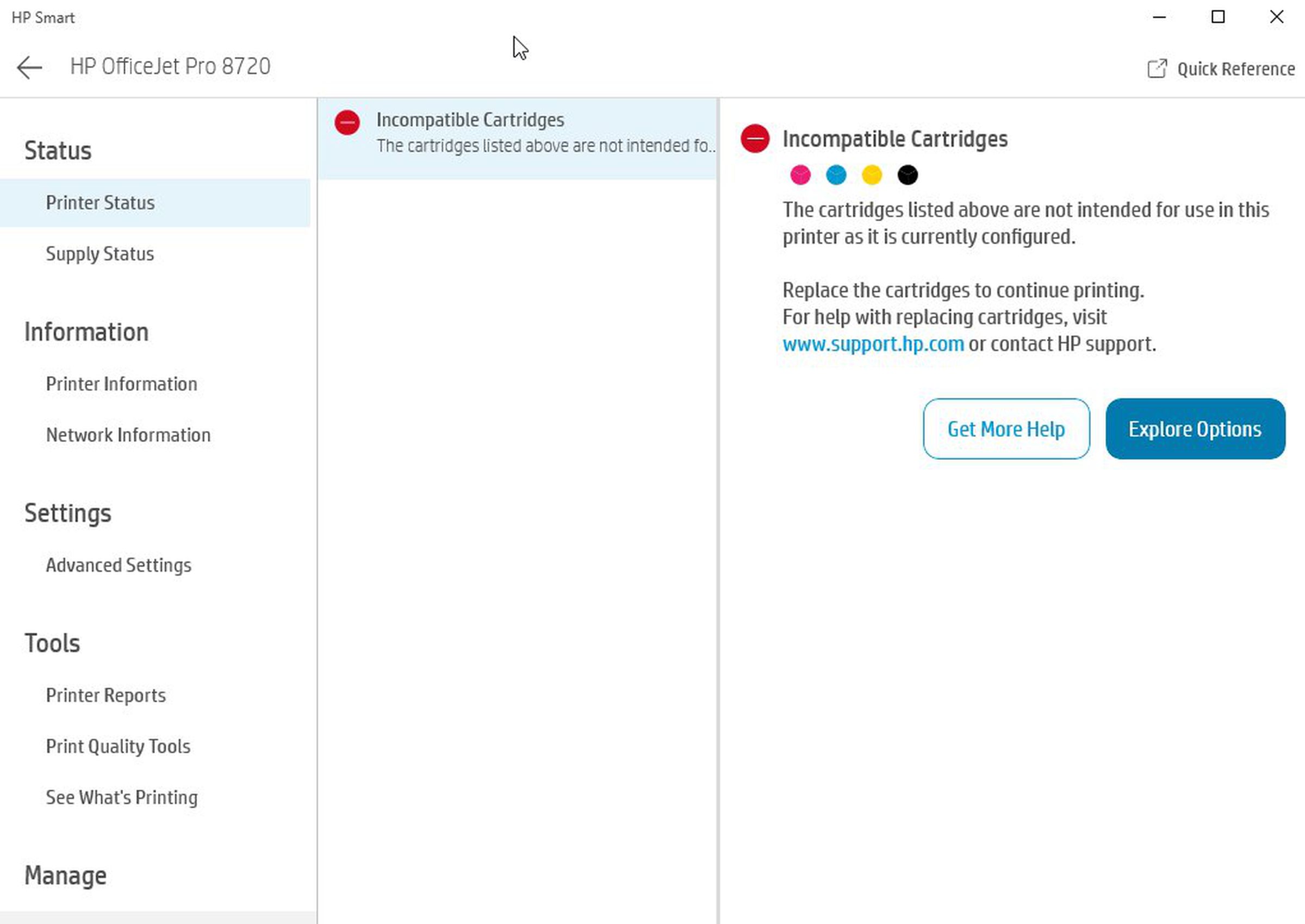 Screenshot of HP Smart utility showing “Incompatible Cartridges” dialog box