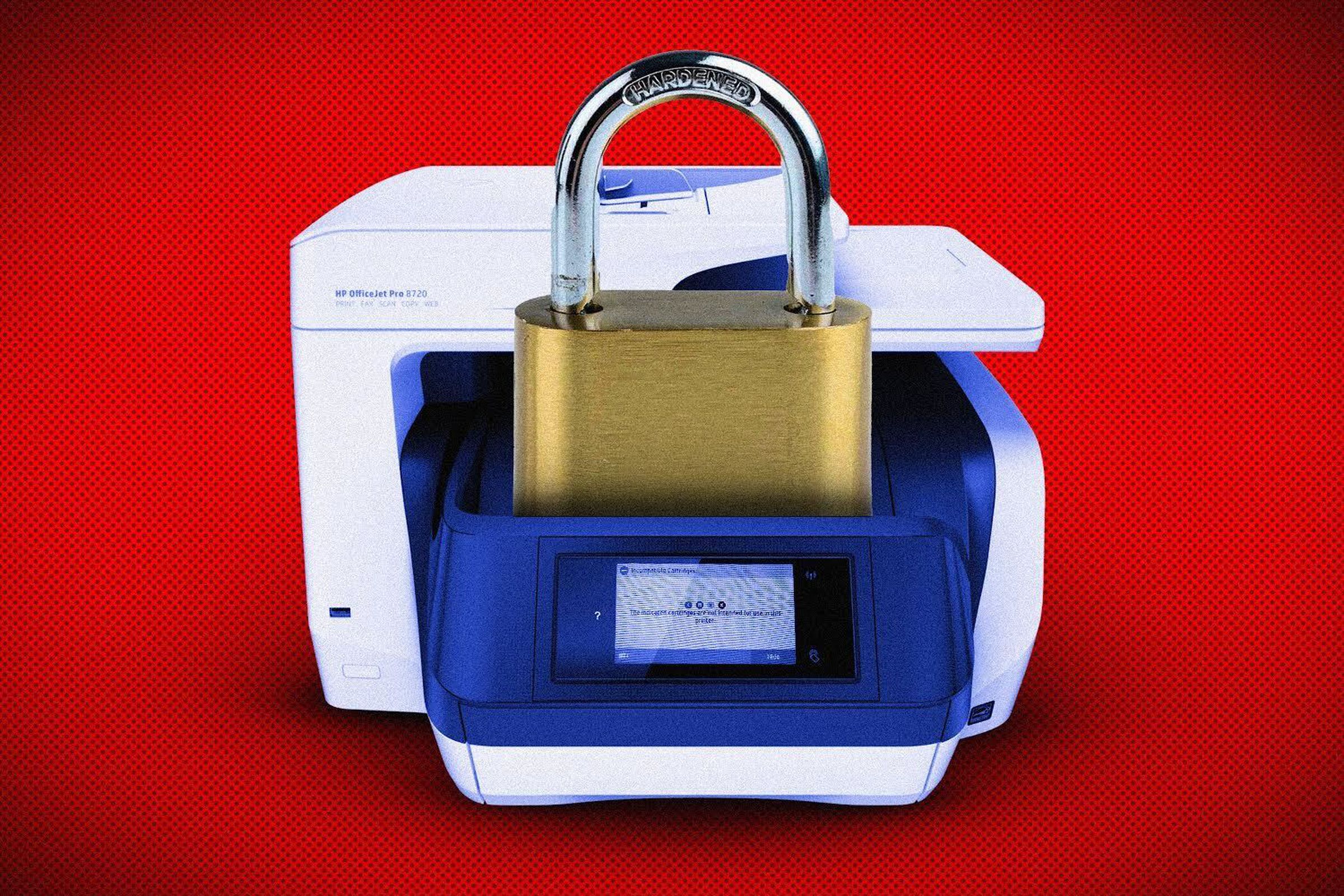 Image of an HP OfficeJet Pro 8720 printer with a padlock superimposed on it, on a red background.