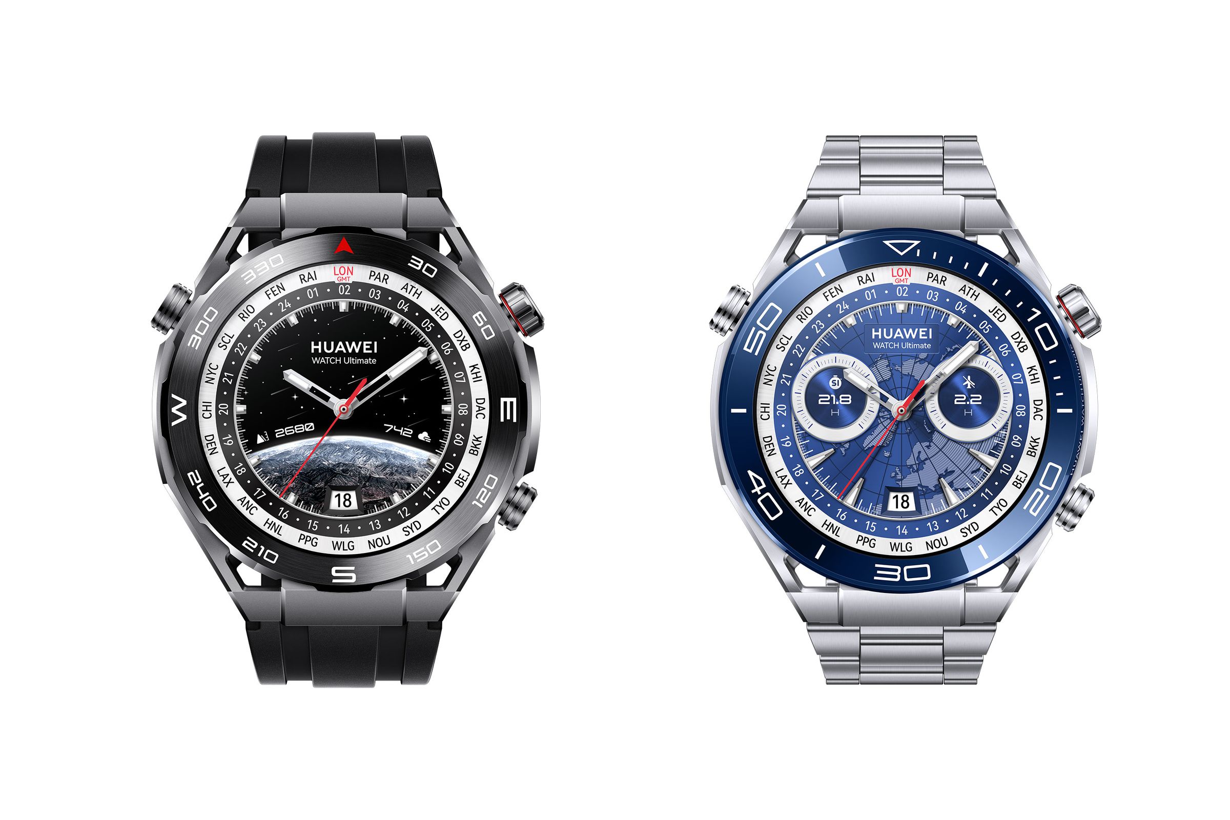 Side-by-side renders of the Huawei Watch Ultimate in black and blue.