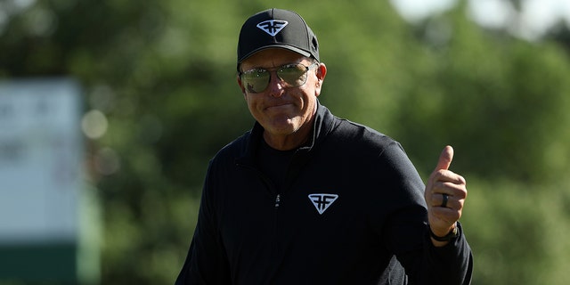 Phil Mickelson of the United States reacts on the 18th green during the final round of the 2023 Masters Tournament at Augusta National Golf Club on April 09, 2023 in Augusta, Georgia.