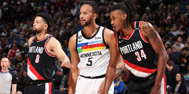 Kyle Anderson #5 of the Minnesota Timberwolves looks on during the game against the Portland Trail Blazers on April 2, 2023 at Target Center in Minneapolis, Minnesota.