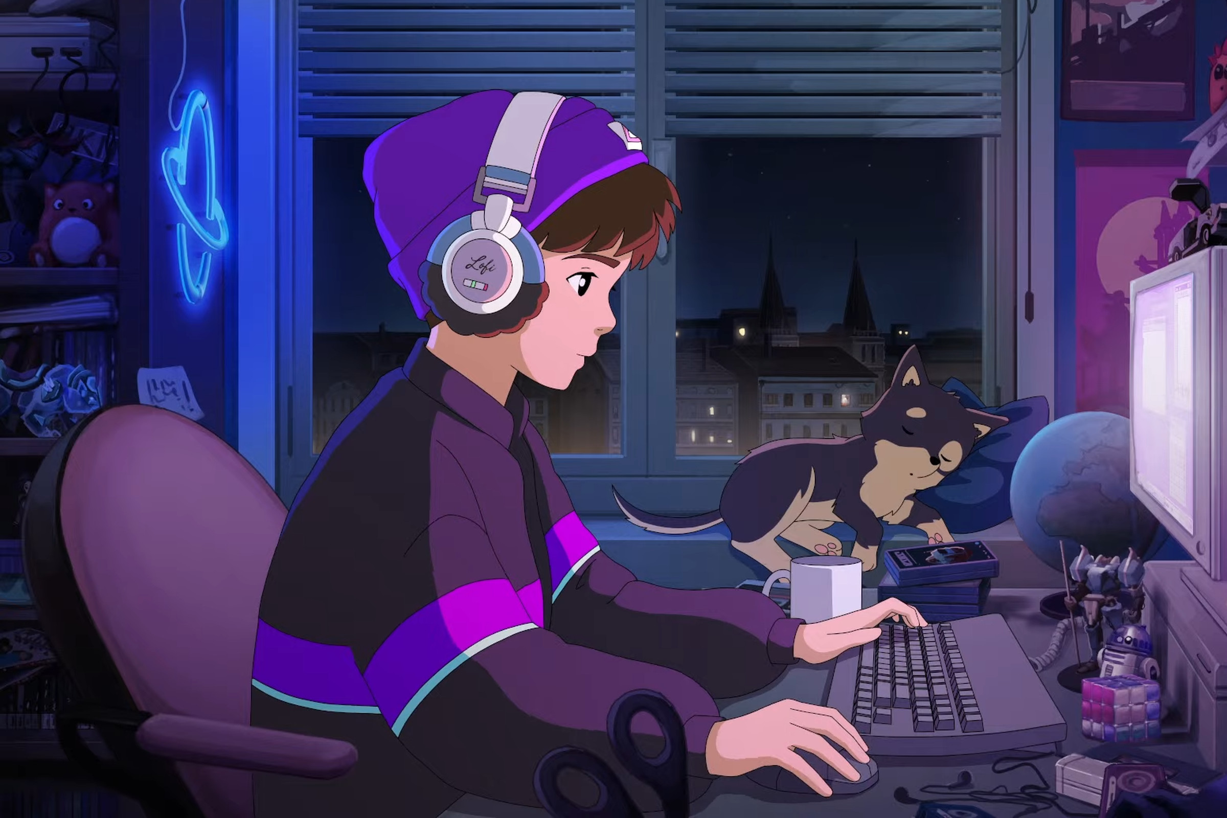 The new Lofi Girl character featured on the synthwave stream.