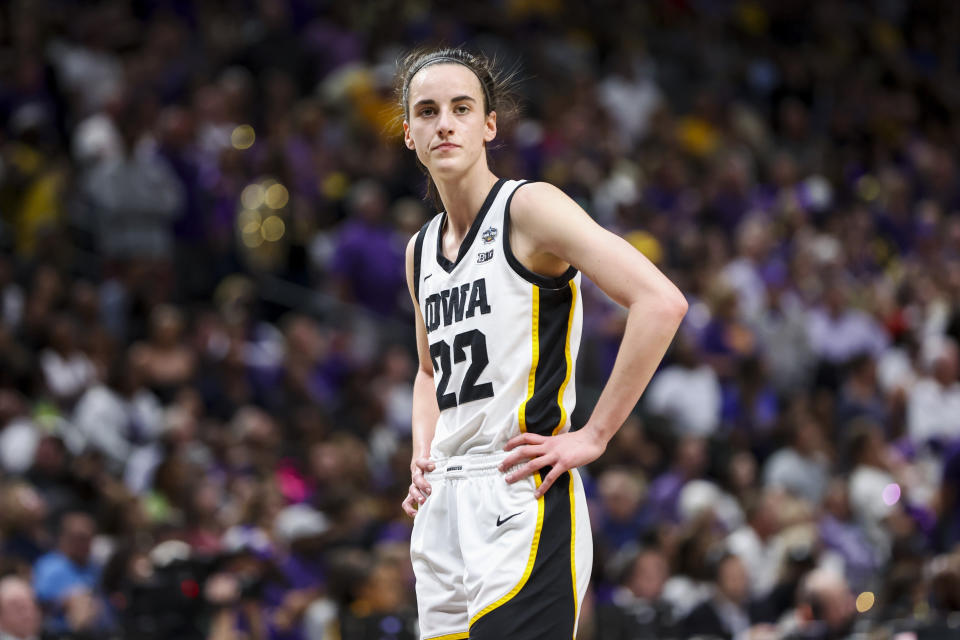 Apr 2, 2023; Dallas, TX, USA; Iowa Hawkeyes guard Caitlin Clark (22) stands on the court during a stop in play against the LSU Lady Tigers in the first half during the final round of the Women&#39;s Final Four NCAA tournament at the American Airlines Center. Mandatory Credit: Kevin Jairaj-USA TODAY Sports