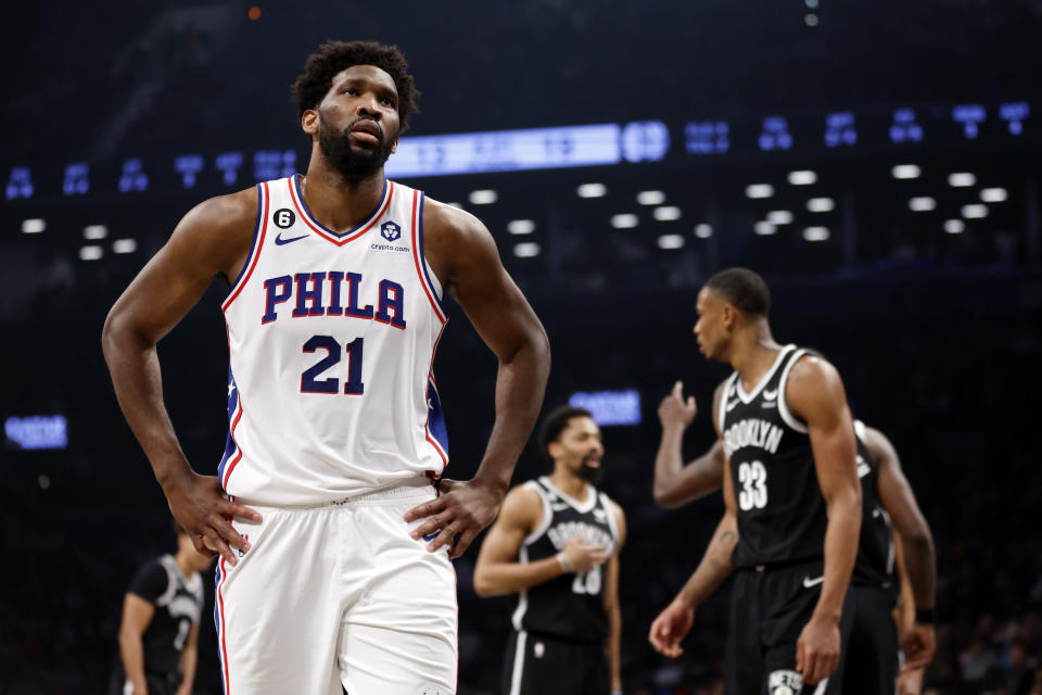 NEW YORK, NEW YORK - APRIL 20: Joel Embiid #21 of the Philadelphia 76ers reacts against the Brooklyn Nets during the first half of Game Three of the Eastern Conference First Round Playoffs at Barclays Center on April 20, 2023 in the Brooklyn borough of New York City. NOTE TO USER: User expressly acknowledges and agrees that, by downloading and or using this photograph, User is consenting to the terms and conditions of the Getty Images License Agreement. (Photo by Sarah Stier/Getty Images)