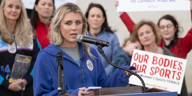 Former University of Kentucky swimmer Riley Gaines speaks during a rally on Thursday, Jan. 12, 2023, outside the NCAA Convention in San Antonio. 