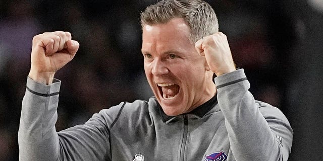 Florida Atlantic head coach Dusty May reacts during the first half of a Final Four game against San Diego State in the NCAA Tournament Saturday, April 1, 2023, in Houston. 