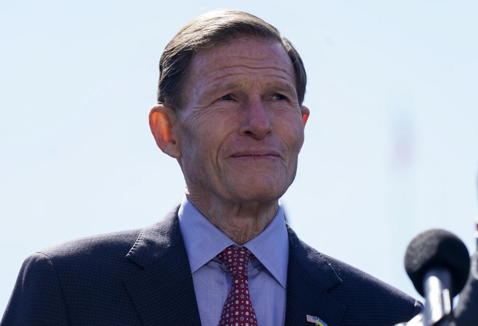 WASHINGTON, DC - MARCH 09: Senator Richard Blumenthal (D-CT) joins airport service workers and union leaders Capitol Hill to urge Congress to pass the Good Jobs For Good Airports Act on March 09, 2023 in Washington, DC. (Photo by Leigh Vogel/Getty Images for SEIU)