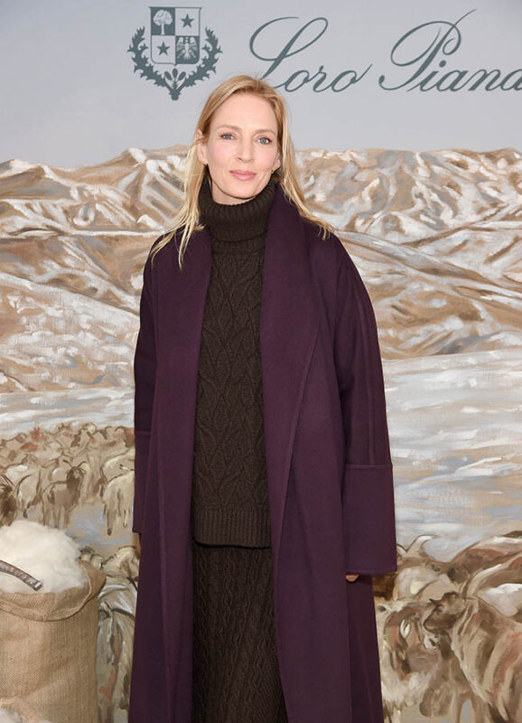 Uma Thurman attends the New York City Film Premier Of "Cashmere - The Origin Of A Secret" wearing quiet luxury label Loro Piana