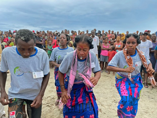 Dancers in a Vezo fishing village welcome the first-ever cruise ship passengers to visit their shores. (Photo by Norma Meyer)