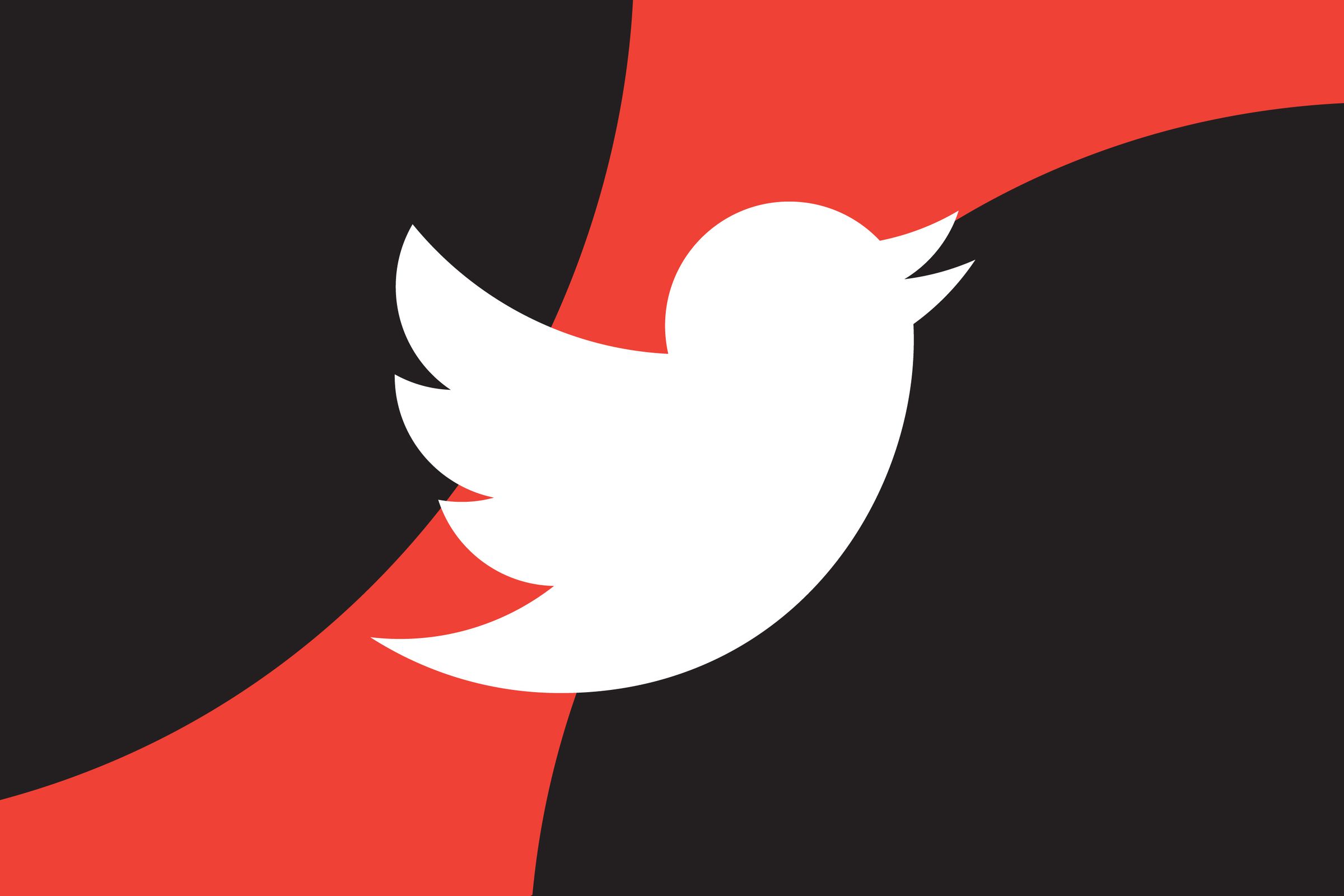 Twitter bird logo in white, over a red and black background.