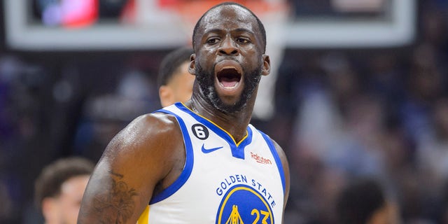 Golden State Warriors forward Draymond Green (23) reacts after an official's call in the first half during Game 1 in the first round of the NBA basketball playoffs against the Sacramento Kings in Sacramento, Calif., Monday, April 17, 2023. 