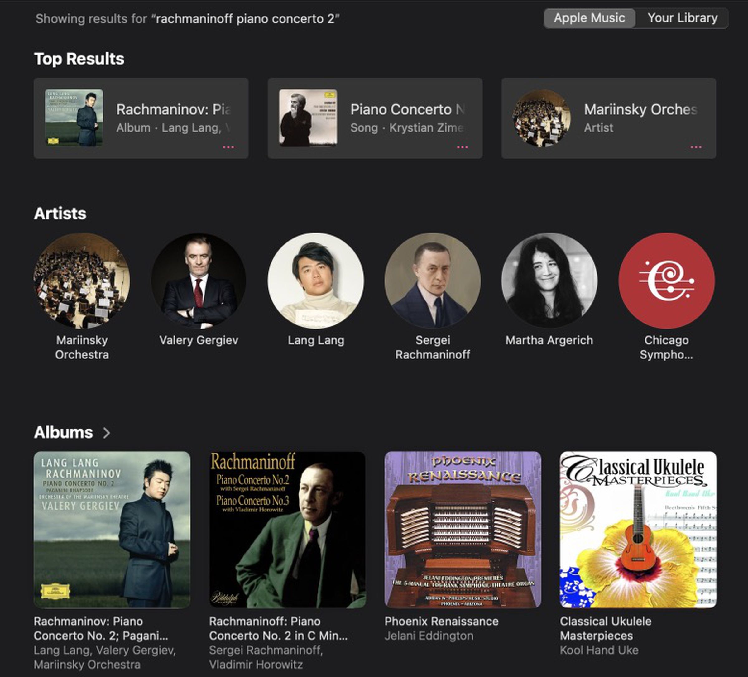 An image of multiple albums related to Rachmaninoff’s Piano Concerto No. 2. Two albums appear to be unrelated and focused on the organ and the ukulele.
