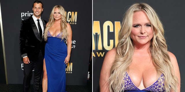 Miranda Lambert sports revealing blue gown on red carpet at country music awards