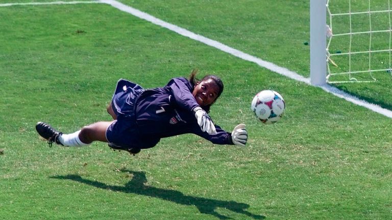 United States&#39; goal keeper Briana Scurry (1) blocks a penalty shootout kick by China&#39;s Ying Liu during overtime of the Women&#39;s World Cup Final at the Rose Bowl in Pasadena, Calif., Saturday, July 10, 1999. The U.S. won the shootout 5-4. (AP Photo/Eric Risberg)