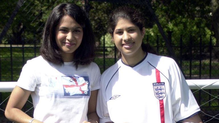 Aman Dosanj (right) was the first British South Asian to play for England at any level, with her story drawing comparisons to Parminder Nagra&#39;s (left) character in the film &#39;Bend it like Beckham&#39;