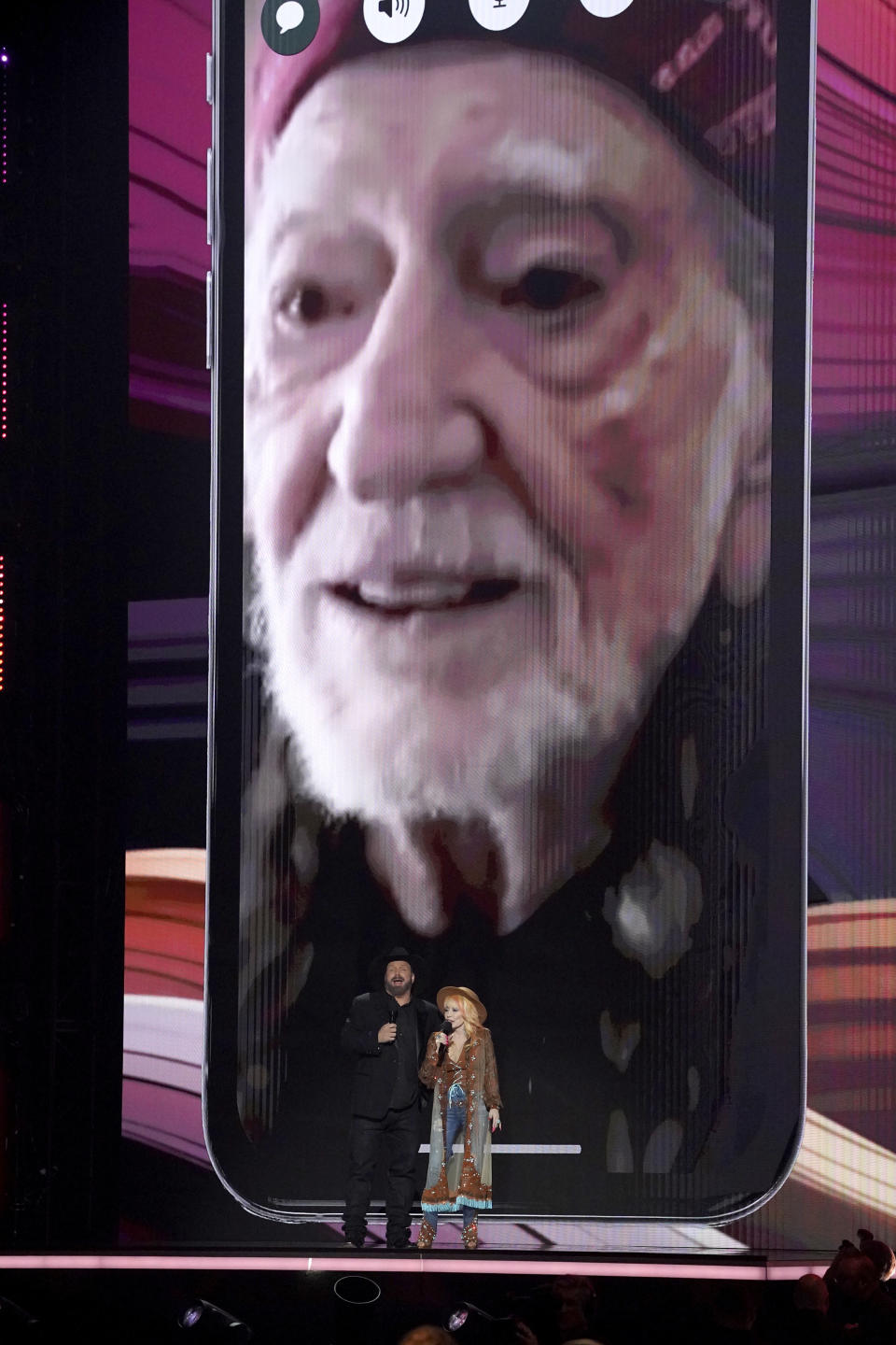  Willie Nelson on the screen at the 58th annual Academy of Country Music Awards on Thursday, May 11, 2023, at the Ford Center in Frisco, Texas. (Photo: AP/Chris Pizzello)