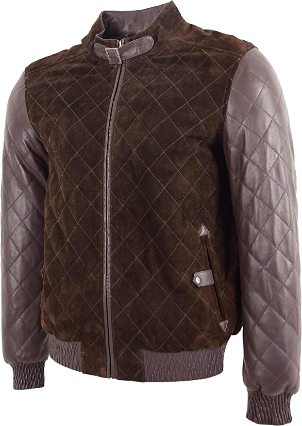 Mens Suede Leather Bomber Jacket Quilted Varsity Style Bradley Brown