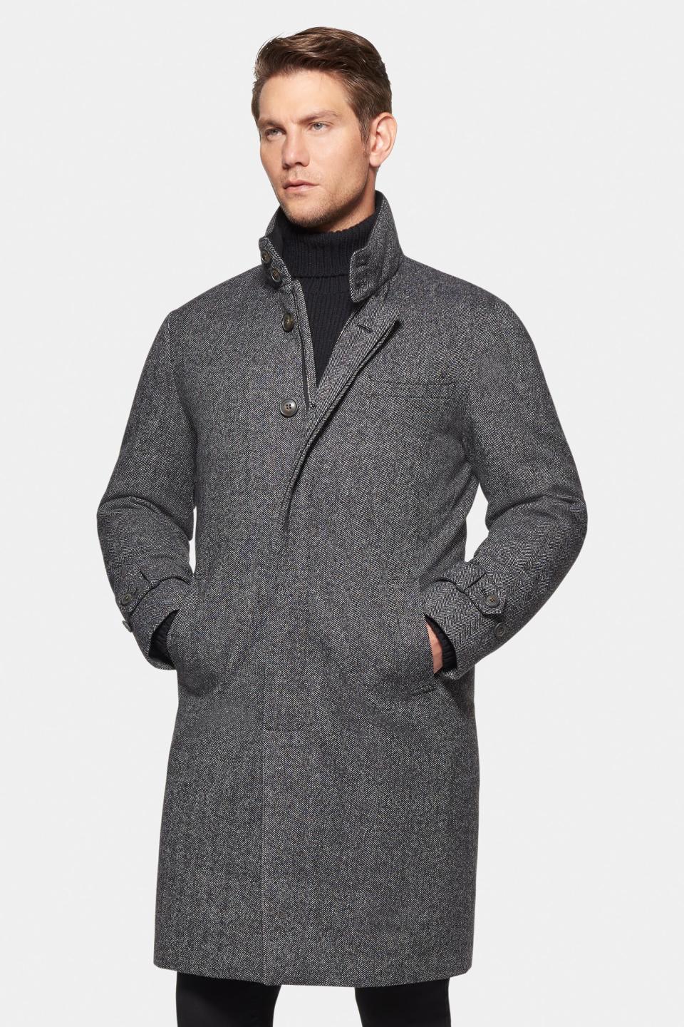 CASHMERE WOOL TOPCOAT GREY BLACK HERRINGBONE