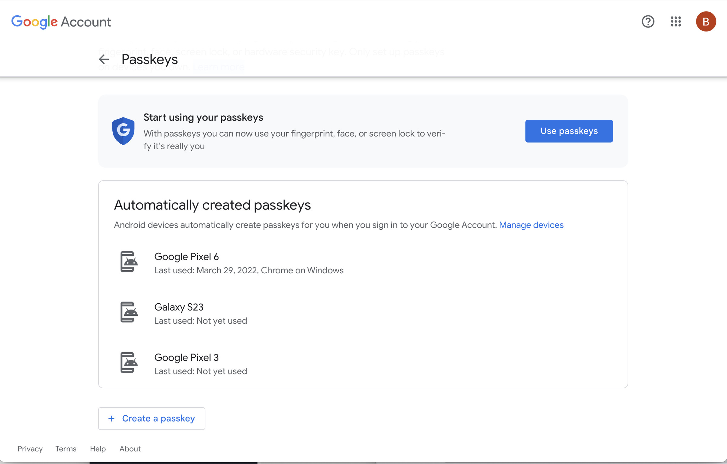 Passkeys page with Start using your passkeys at top with a Use passkeys button, and a list of automatically created passkeys below.