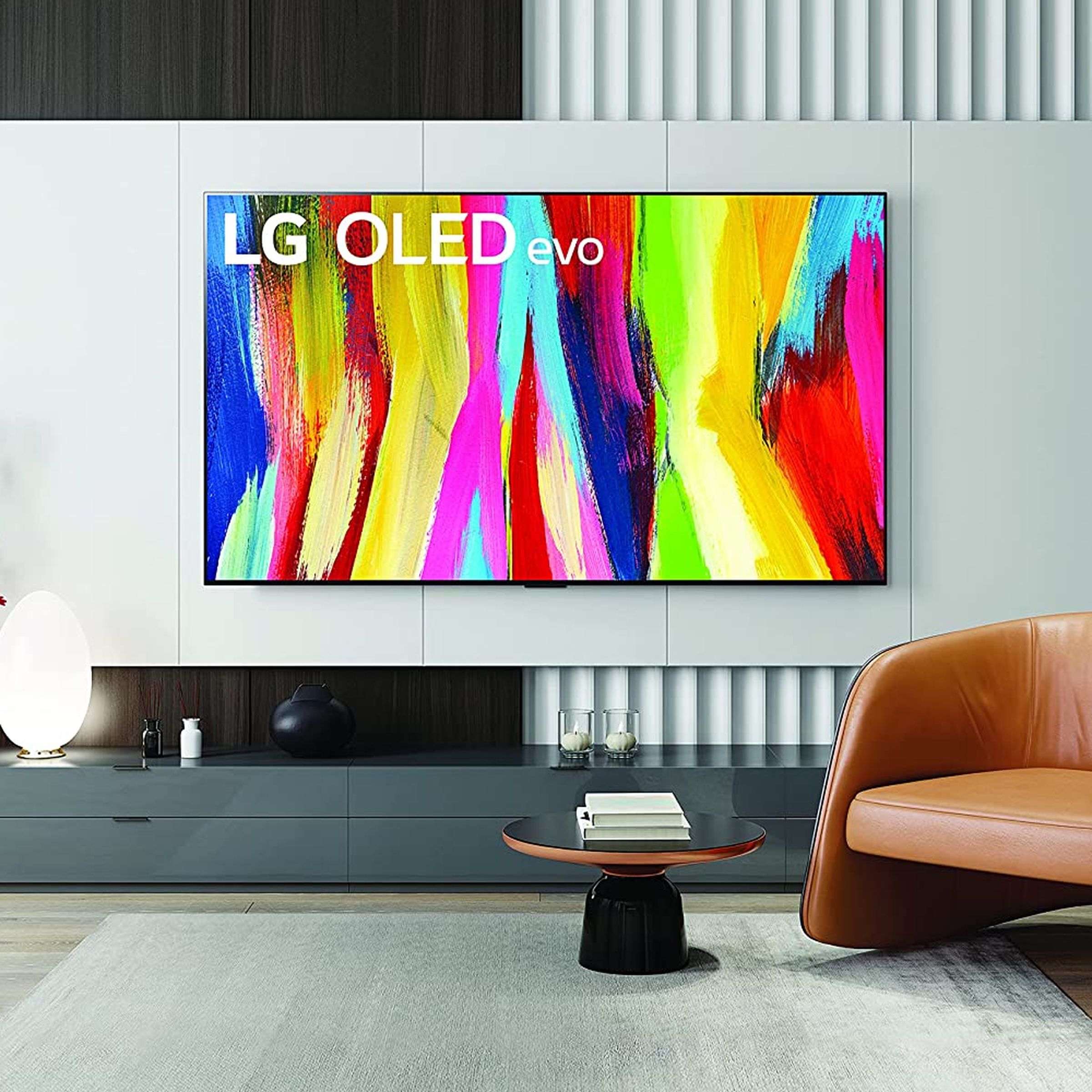 The LG C2 OLED TV turned on in a family room.