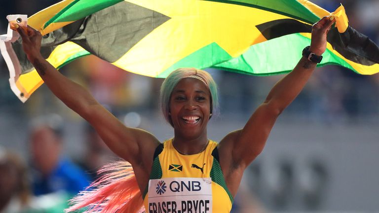 Shelly-Ann Fraser-Pryce celebrates winning World Championships sprint gold