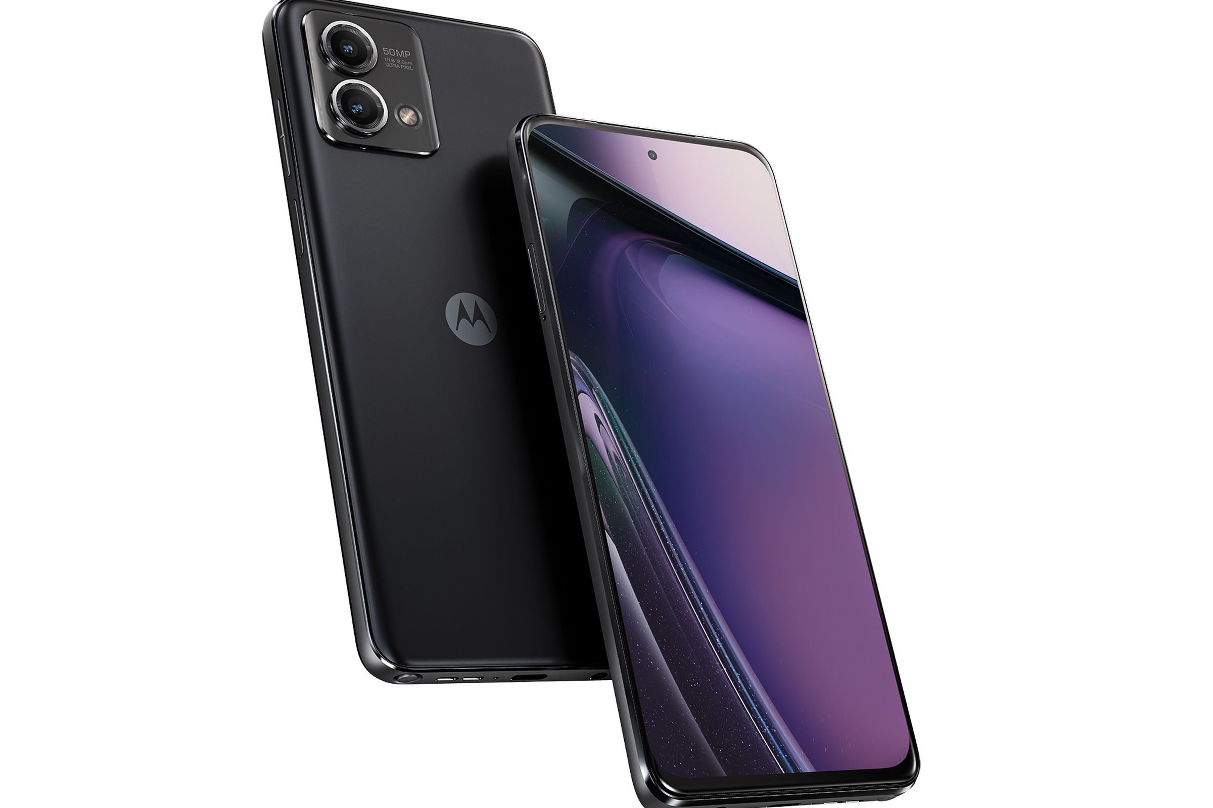 Rendering of Motorola Moto G Stylus 5G in cosmic black showing front and rear.