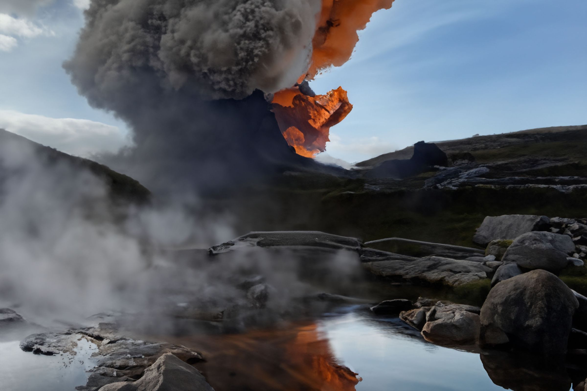 AI-generated image of an erupting volcano reflected in a hot spring