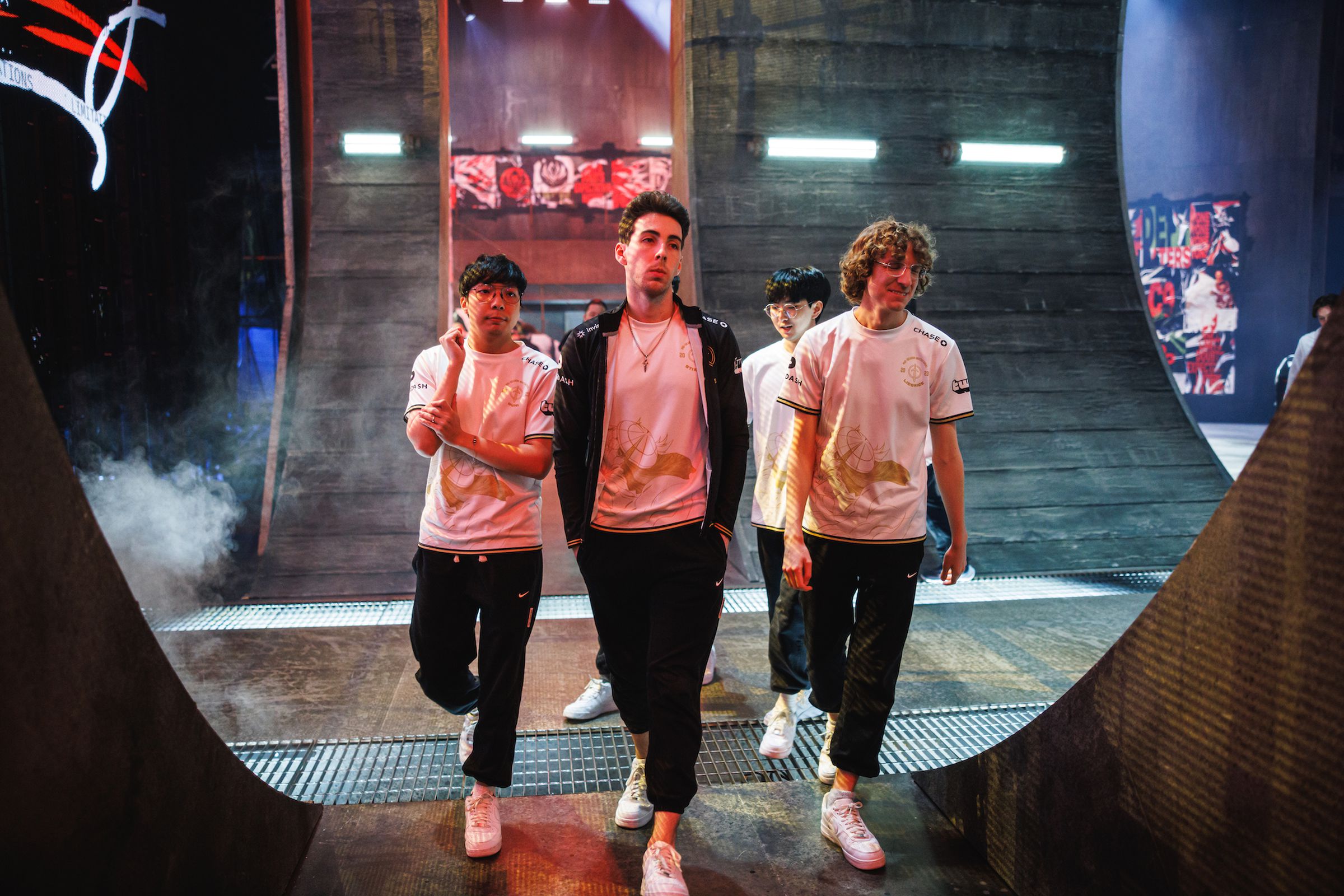 Golden Guardians walk offstage after elimination by Cloud9 at the League of Legends - Mid-Season Invitational Bracket Stage.