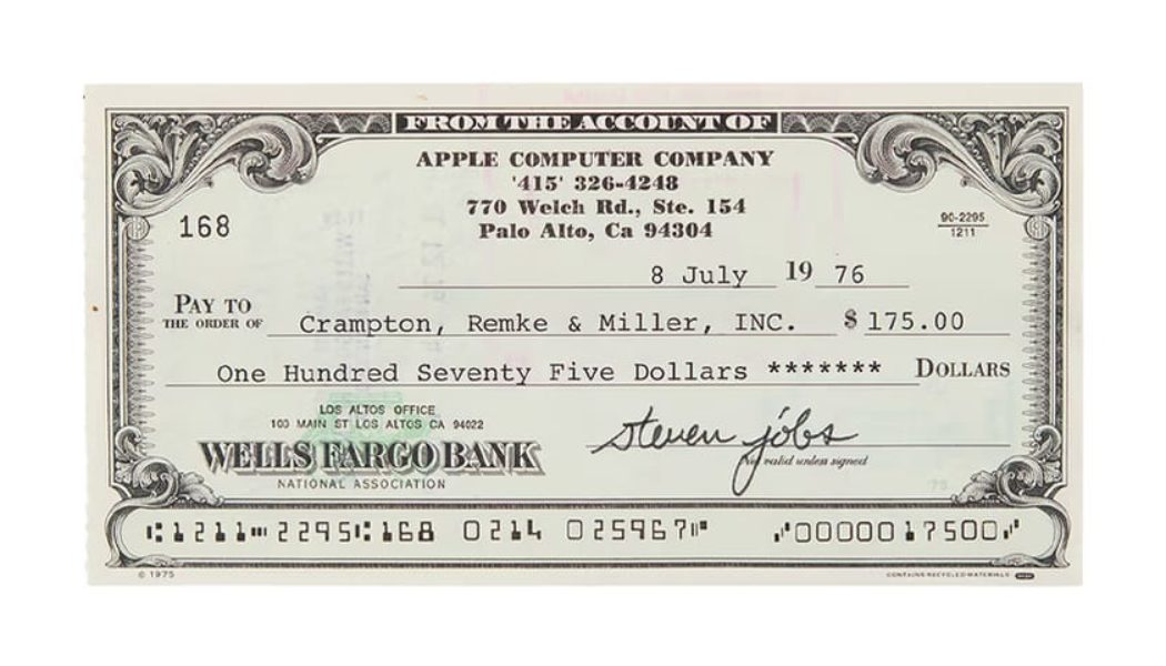 Steve Jobs Signed Check Auctions for $107,000 USD