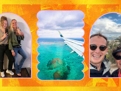 collage of travel photos with moms