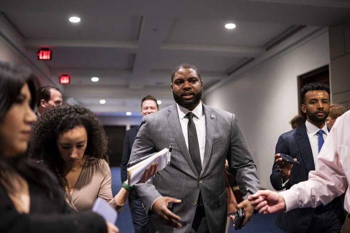 Rep. Byron Donalds, R-Fla., speaks to members of the media before the House Republican caucus leadership elections at the Capitol in Washington, D.C., in 2022. 