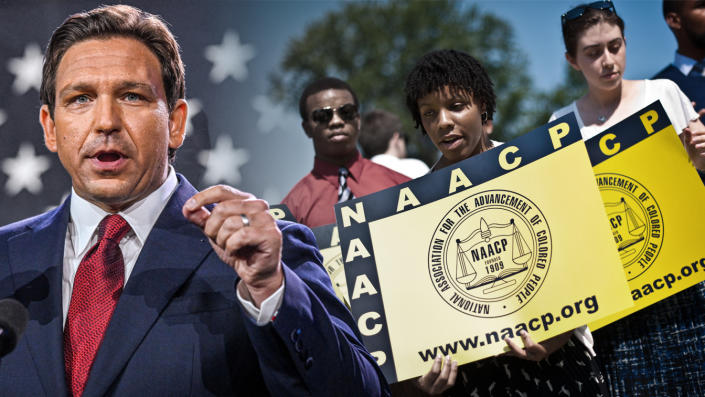 Photo illustration of Florida Gov. Ron DeSantis and NAACP members.