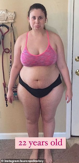 Before: Lauren Polinskey who rose to 230 pounds after struggling to adjust to motherhood (seen) has shared how she shed nearly 90 pounds in a year