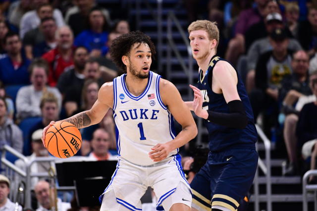 Duke's Dereck Lively II handles the ball against Oral Roberts during the first round of the 2023 NCAA men's tournament on March 16, 2023 in Orlando, Florida. (Ben Solomon/NCAA Photos via Getty Images)