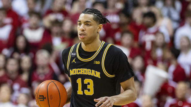 Michigan guard Jett Howard (13) during an NCAA college basketball game, Sunday, March 5, 2023, in Bloomington, Ind. (AP Photo/Doug McSchooler)