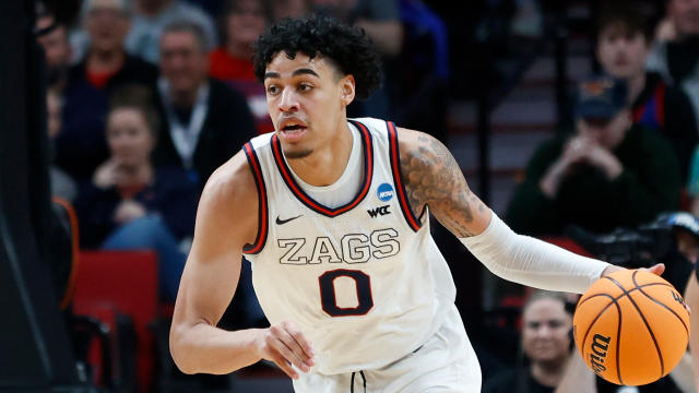 Gonzaga guard Julian Strawther (0) against Memphis during a second-round NCAA college basketball tournament game, Saturday, March 19, 2022, in Portland, Ore. (AP Photo/Craig Mitchelldyer)