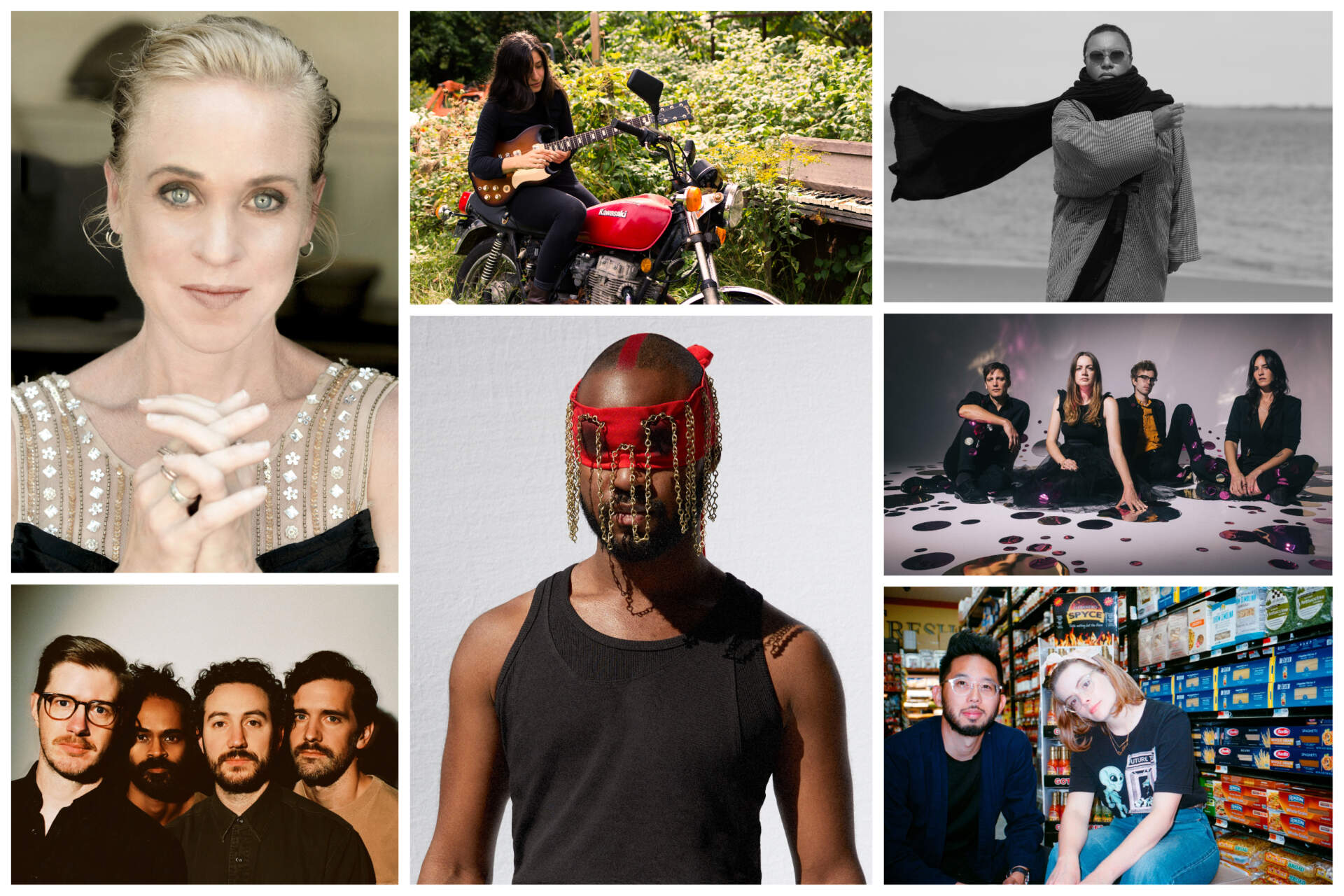 Clockwise from top left: Kristin Hersh (Courtesy Pete Mellekas); Bong Wish (Courtesty Ty Ueda); Meshell Ndegeocellom (Courtesy Charlie Gross); Activity (Courtesy Ebru Yildiz); hex gf (Courtesy CJ Moy); Genesis Owusu (Courtesy Bec Parsons); Darlingside (Courtesy Shervin Lainez