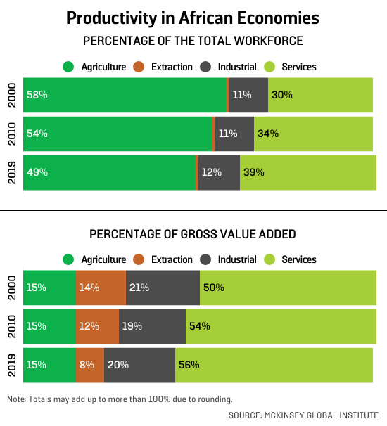 One stacked bar charts show how the agriculture sector dominates the total workforce with nearly half of all jobs in this sector. The bottom stacked bar chart shows that agriculture is a small fraction of gross value added to the economy with the services sector dominant at more than 50 percent.