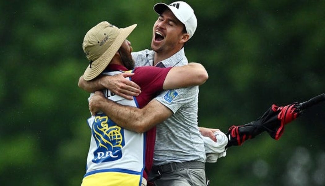 Adam Hadwin tackled by security after trying to celebrate fellow Canadian Nick Taylor's win