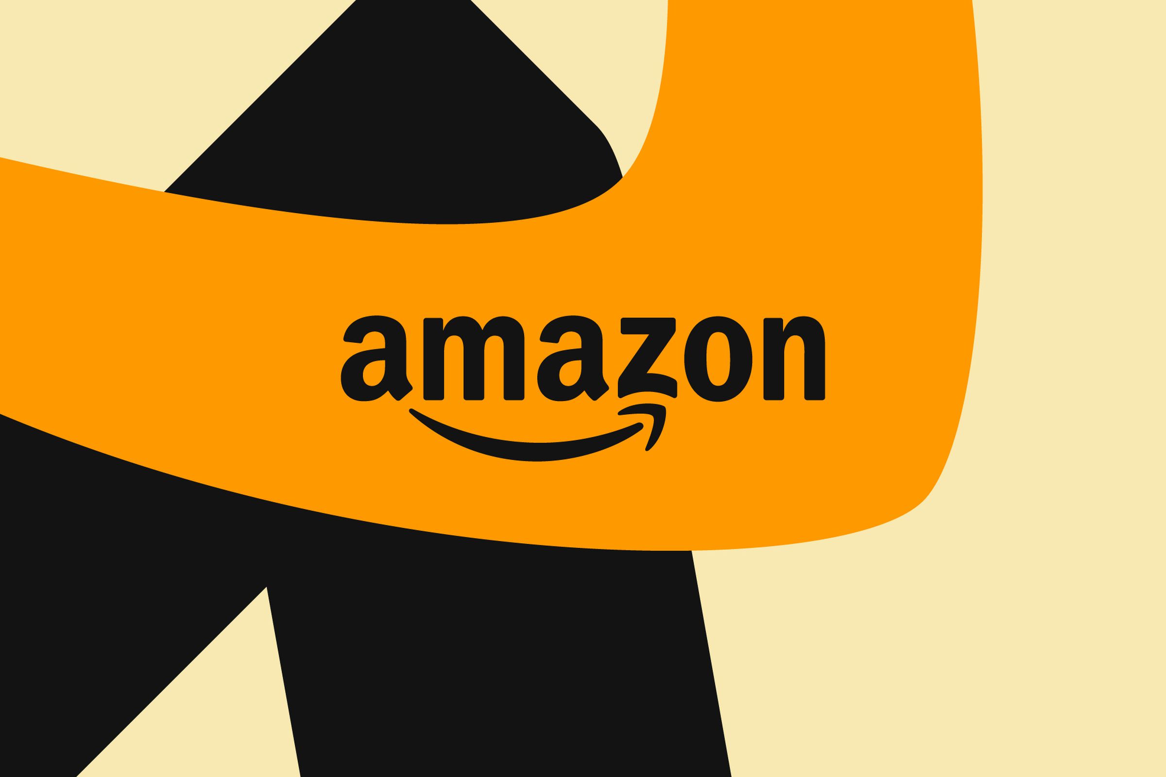 Illustration of Amazon’s wordmark on an orange, black, and tan background made up of overlapping lines.