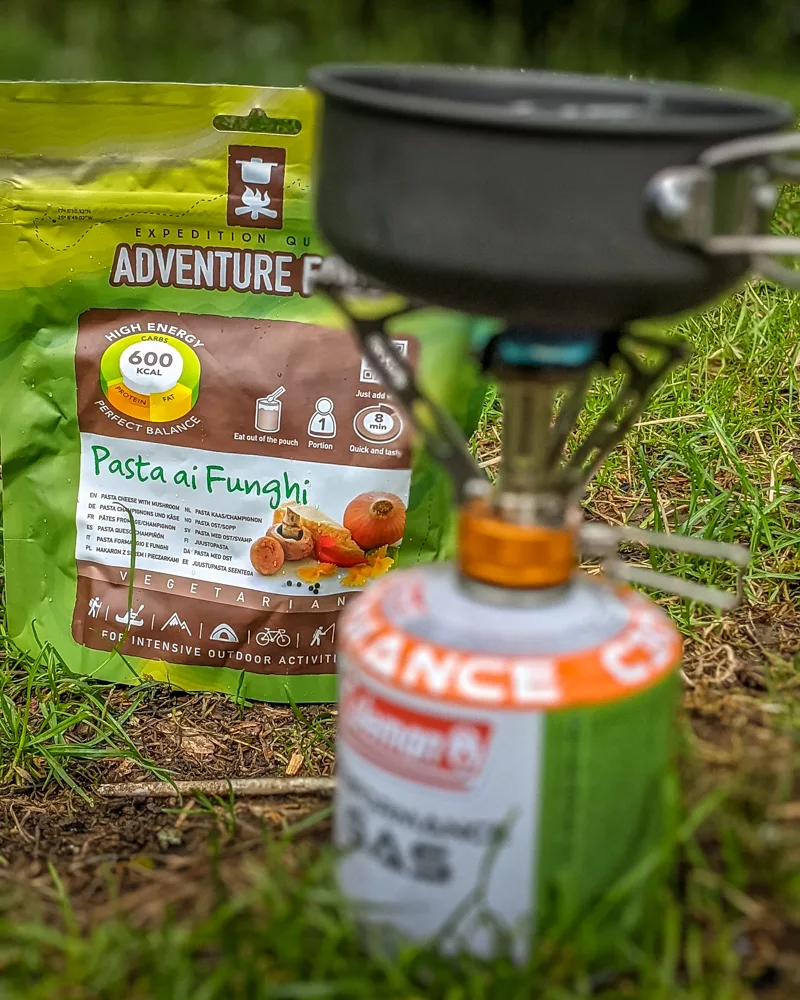 Camping stove, gas and dehydrated meal