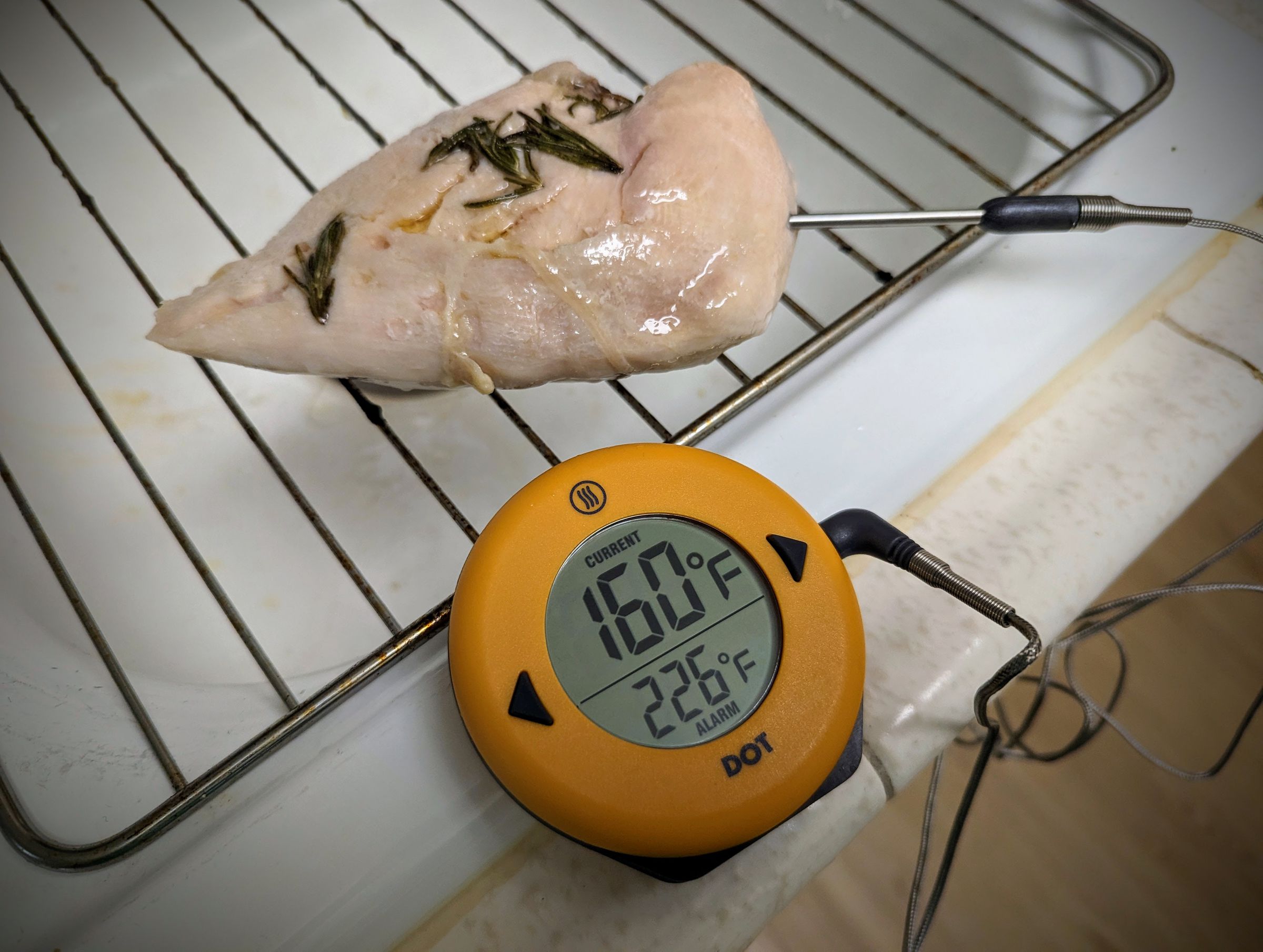 Measuring the temperature of a piece of chicken after cooking it in the Joule Turbo.