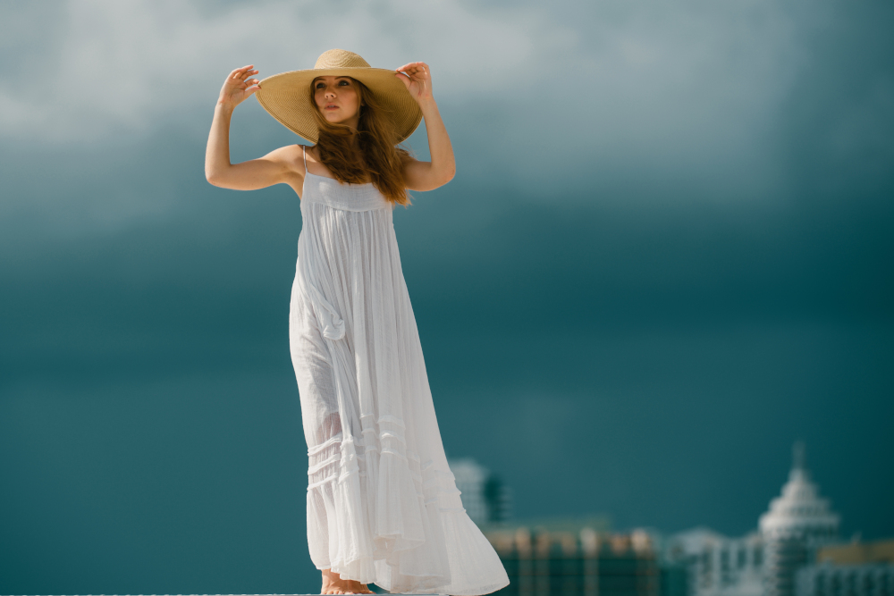 straw hat and maxi dress