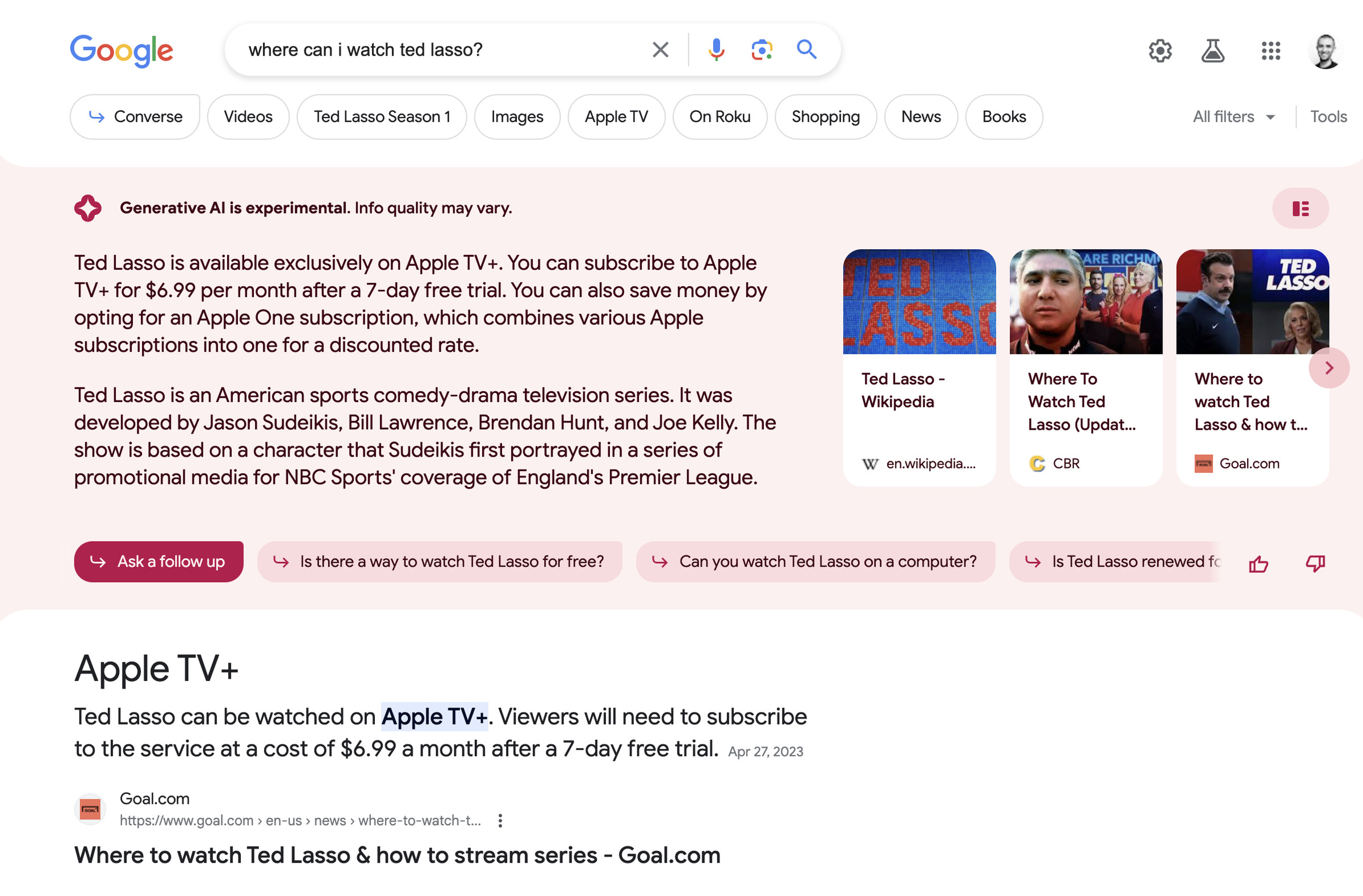 A screenshot of Google’s Search Generative Experience showing results for the query: “where can I watch Ted Lasso?”