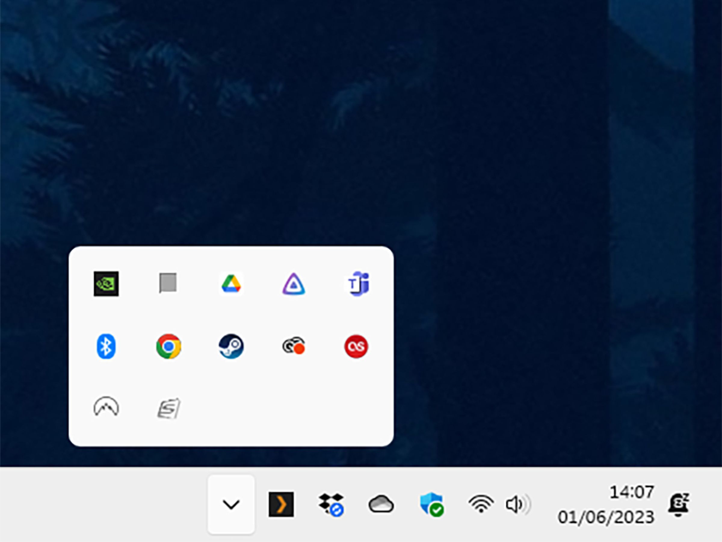 White rectangle with app icons above line of icons , against black background.