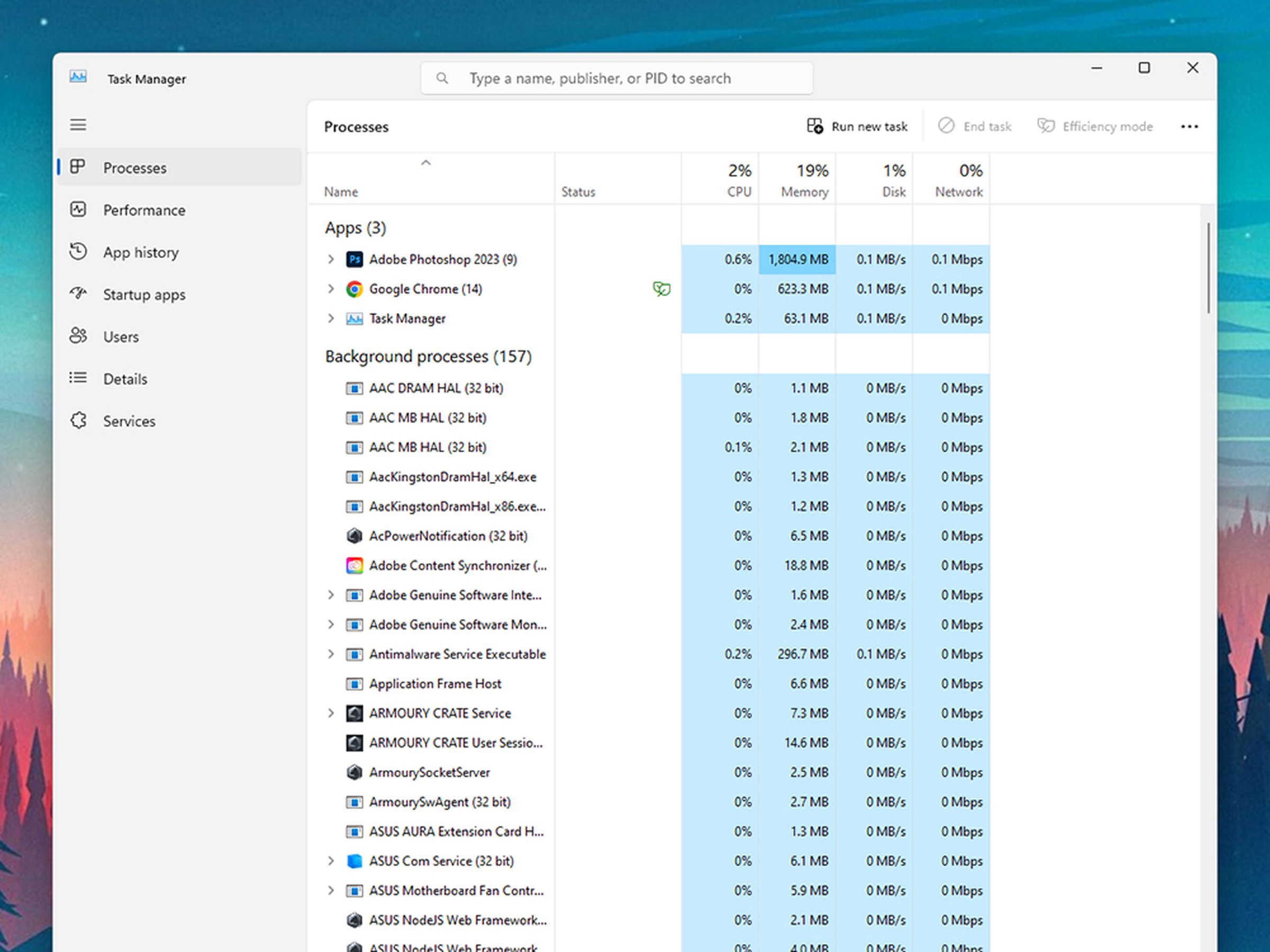 List of Windows processes starting with three apps and then showing background processes with a menu on the left, then the names of the processes and columns for the CPU, Memory, Disk, and Network.