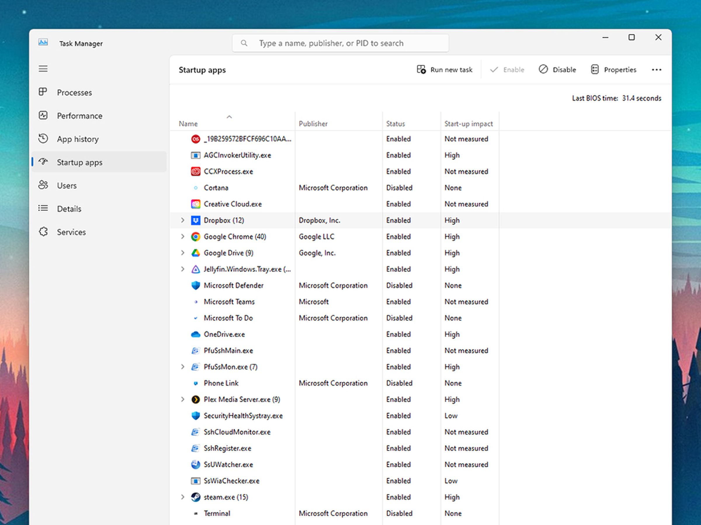 Task Manager page for Startup apps with a long list of apps and columns headed Name, Publisher, Status, and Start-up impact.