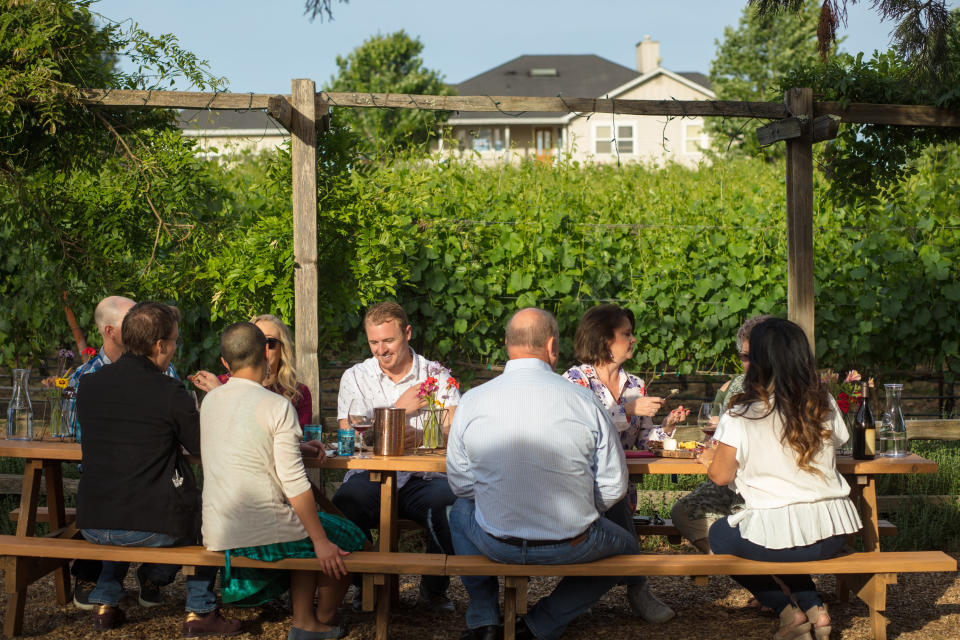 group of people sitting around a long table for a wine tasting in a vineyard