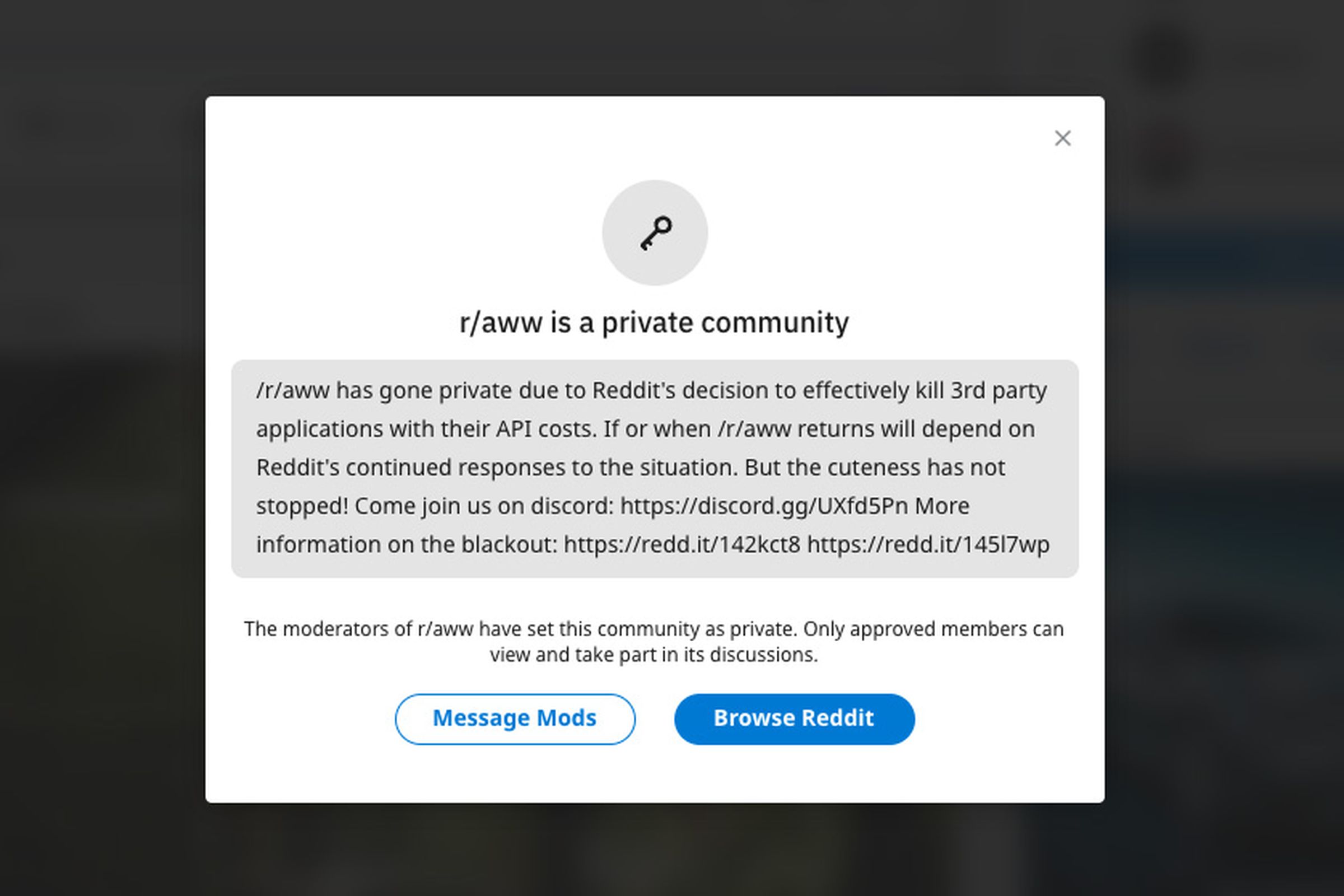A screenshot of the private notice on r slash aww