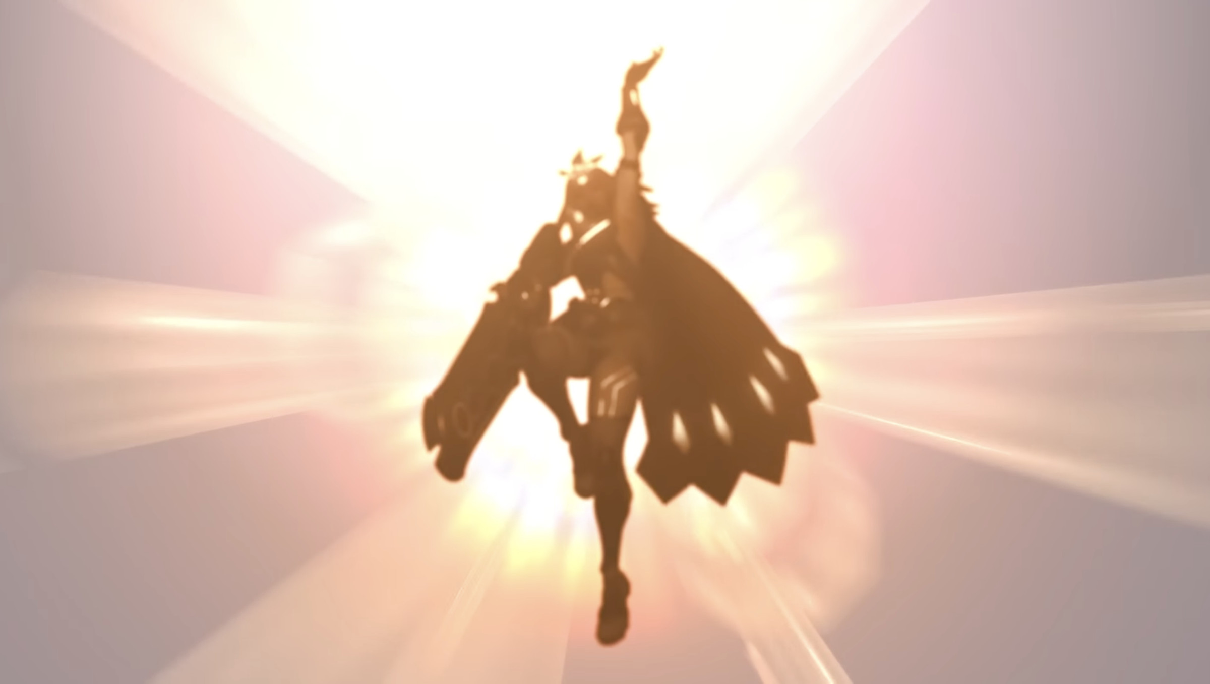 Screenshot of Overwatch 2’s newest support hero featuring what appears to be a feminine character with a big gun silhouetted by bright golden light